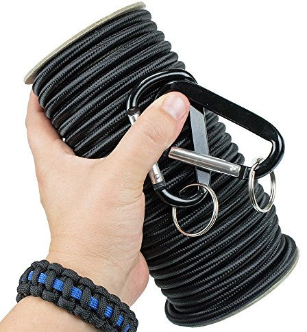 Marine Grade Shock Cord with 2 Carabiners - 1/8, 3/16, 1/4 on 25, 50, and 100 Foot Spools - 6 Bright Colors of USA Made Bungee, Stretch, and Elastic Cord