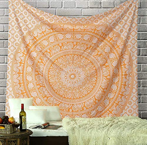 RAJRANG Elefanten-Mandala-Wandteppich, Baumwolle, Wandbehang, Hippie-Wandteppich, Hippie-Strand-Überwurf, College-Wohnheim-Dekor, Bohemian-Boho-Bettlaken – Orange – Queen – 228,6 x 213,4 cm