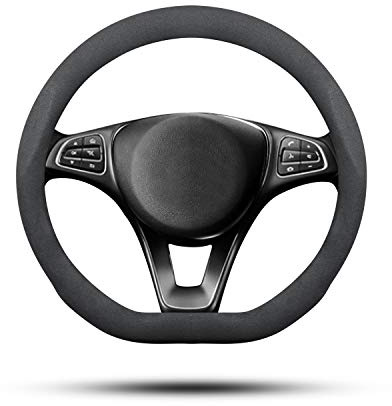 Ergocar Auto Lenkradbezug Rutschfester Auto Lenkradschutz D-Form Veloursleder aus Wildleder Leder Geeignet für alle Jahreszeiten für Durchmesser 38cm (15 ) (Schwarz)