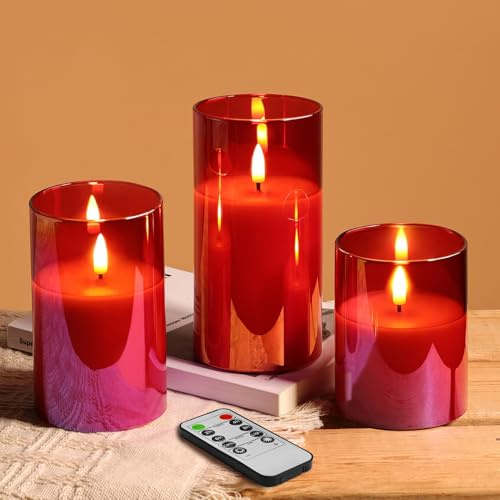 Eywamage rött glas flamlösa LED-pelarljus med fjärrkontroll uppsättning av 3