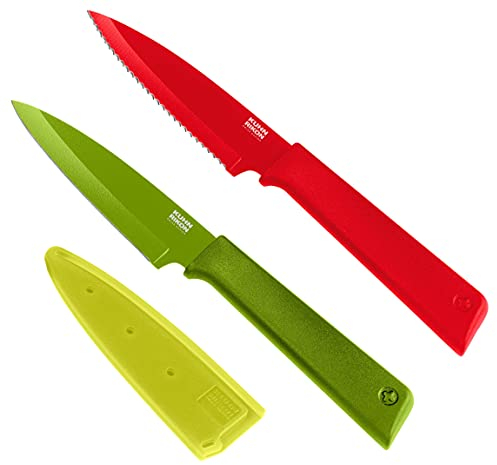 Kuhn Rikon Colori+ Prep 2 Pc Kitchen Knife Set (1x Paring Knife, 1x Serrated Kitchen Knife) Stainless Steel Blade Kitchen Knives Set. Sharp Knife Set – 3 Year Kuhn Rikon Kitchen Accessories Guarantee