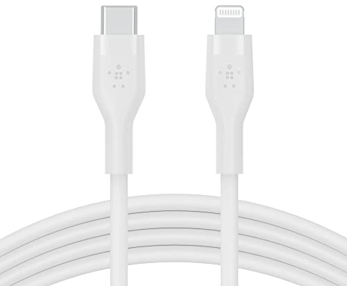 Belkin BoostCharge Flex Silikon-USB-C/Lightning-Kabel, 2 m, MFi-zertifiziert, 20 W, zum Schnellladen mit PD Power Delivery für iPhone 14/14 Plus, 13, 12, Pro, Max, mini, SE und andere Geräte – Weiß