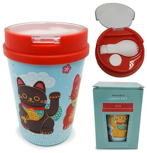 Puckator LPOT17 Maneki Neko Lucky Cat Wiederverwendbare Brotdose / Snacktopf mit Göffel 500 ml