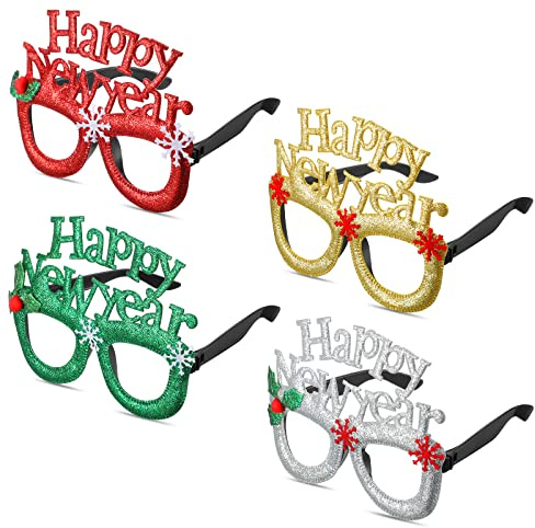 Queekay 4 Stück Frohes Neues Jahr Brillen Glitzer Weihnachten Happy New Year Brillen Neujahr Partybrillen Foto Requisite für 2026 Silvester Party Dekorationen