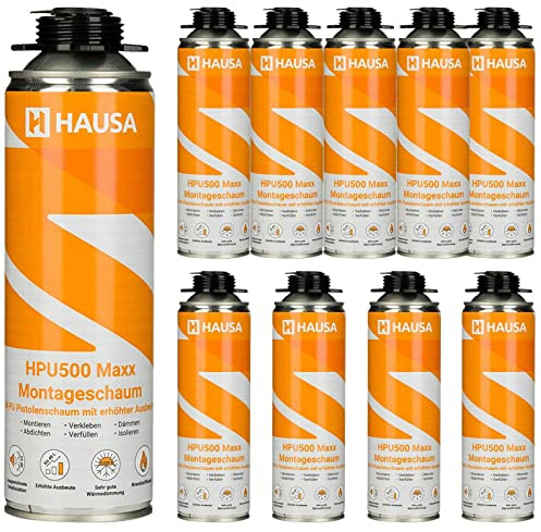 HAUSA Montageschaum HPU500 Maxx 10x 500ml grau B2 Pistolenschaum zum Verfüllen, Dämmen & Abdichten, extrem hohe Ausbeute, ausgezeichnete Dämm- & Isoliereigenschaften, Bauschaum für Schaumpistolen