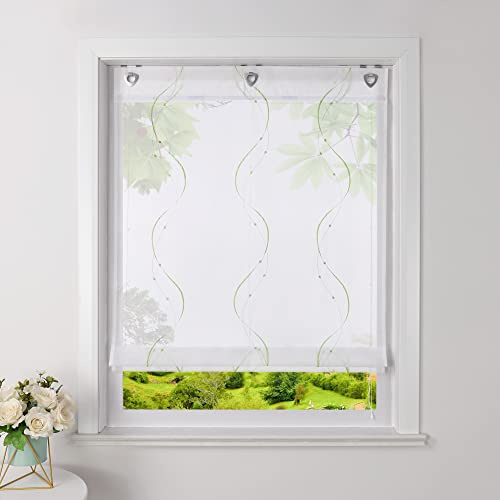 Heichkell Raffrollo mit U-Haken, Rollo mit Stickerei, Grün BxH 100x140cm | Transparent Raffgardinen, Voile Ösenrollo, Vorhang ohne Bohren