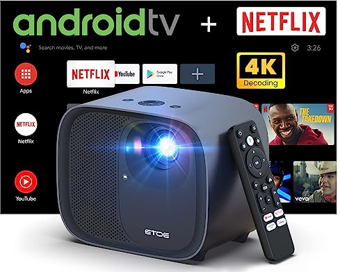 ETOE E3 Pro Proiettore, proiettore 4K, Android TV 11.0, 9000+ apps, Altoparlanti da 10W duali, Messa a fuoco automatica e correzione trapezoidale, 5G wifi