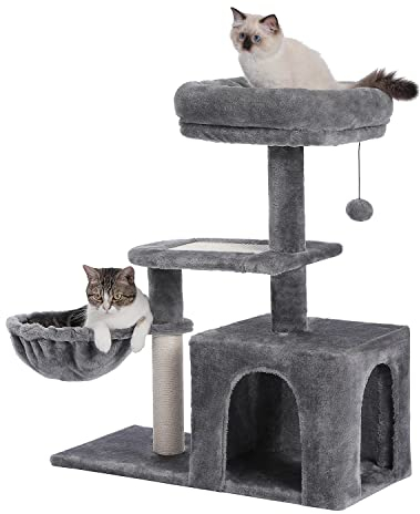 PAWZ Road Kratzbaum für kleine Katzen, Plüsch-Katzenturm mit großer Katzenwohnung, tiefer Hängematte und Sisal-Kratzbaum für Kätzchen