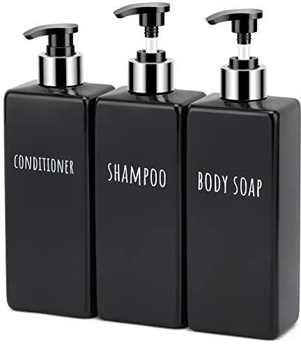 Segbeauty Seifenspender, 3 Stück 500 ml Seifenspender Set mit Etiketten für Shampoo Conditioner Body Soap, Shampoo Flaschen zum befüllen für Küche und Bad, Schwarz