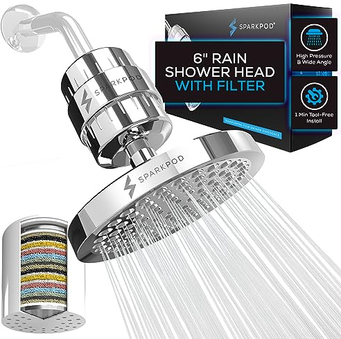 SparkPod Luxury Filtered Shower Head Set 23 Stage Shower Filter - Reduces Chlorine and Heavy Metals - High Pressure Showerhead Filter (6 Round, Luxury Polished Chrome)