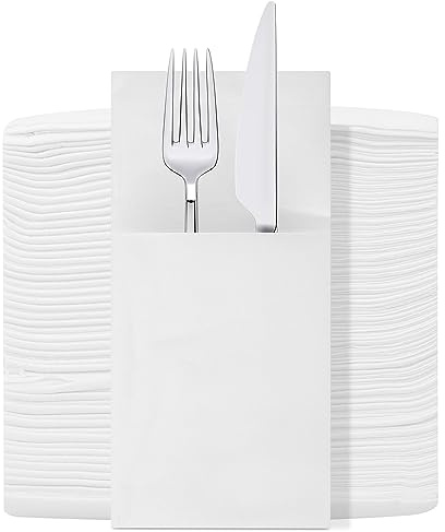 Trimming Shop Tovaglioli di stoffa usa e getta in tessuto bianco con tasca integrata per posate, tovaglioli di carta pre-piegati per matrimoni, cene, eventi, cucina, feste di compleanno, decorazioni