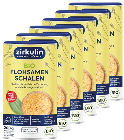 Zirkulin Ciotola di semi di psillio biologico, 6 x 200 g, promuove la digestione e la salute dell'intestino, insapore, supporta una dieta ricca di fibre e sana, molto buona fonte