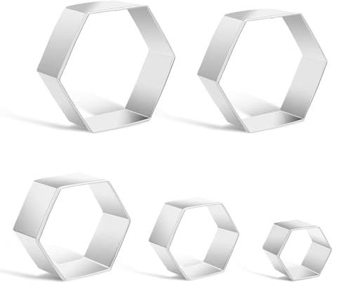 5 Pack Hexagon Cutter Set Football Pattern Cookie Cutters Assorted Sizes Stainless Steel Geometric Biscuits Cutters Soccer Cake Fondant Cutters for Cookie Cake Sandwiches