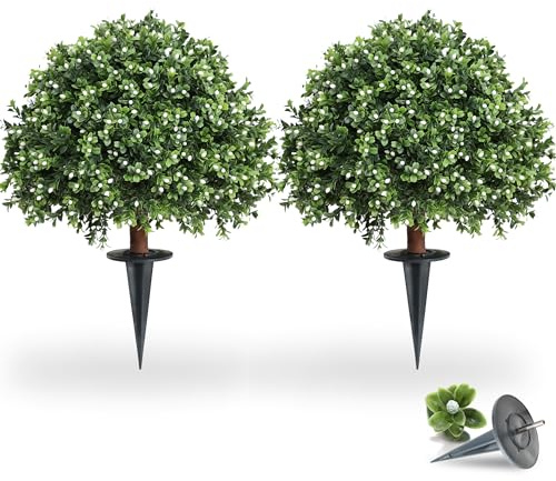 momoplant Two H24 - W 16 Boxwood Cone White-Fruit Artificial UV Rated Cypress Topiary Soil Insertion w/Spike, Silk Tree Warehouse Indoor/Outdoor Tree Bush Plant Evergreen Pine