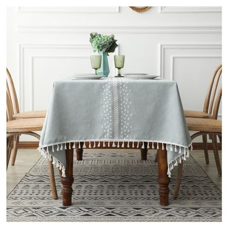 AMDXD Tischwäsche Blau Weiß, Punkt mit Quaste Tischdecke Polyester, Biertisch Tischdecke Hochzeit Pflegeleicht für Esszimmer, Garten, Party, Hochzeiten oder Haushalt, 140x200CM