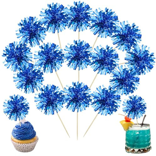 Ephlyn 30Pcs Foil Firework Cupcake Toppers Blue Tinsel Flower Drink Stirrers Cocktail Food Fruit Cake Toppers for Valentine's Day Party Decorations Blue