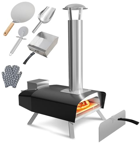 Garvee 30 cm pizzaugn i rostfritt stål med träpellets och pizzasten – bärbar träbränd pizzaspis för camping, fester och användning i trädgården (svart)
