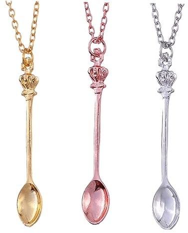 SAFIGLE 3pcs Crown Spoon Pendant Necklace Set, Classic Mini Tea Spoon Charm Clavicle Chain for Women, Gold Silver Rose Gold Hip-hop Style Jewelry Accessory for Daily Wear