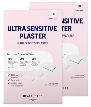 Healthcare By Amazon tiritas ultrasensibles, aptas para bebés, niños y adultos, 3 tamaños, 50 unidades (Paquete de 2) (Anteriormente una marca Amazon Basic Care, el mismo producto)