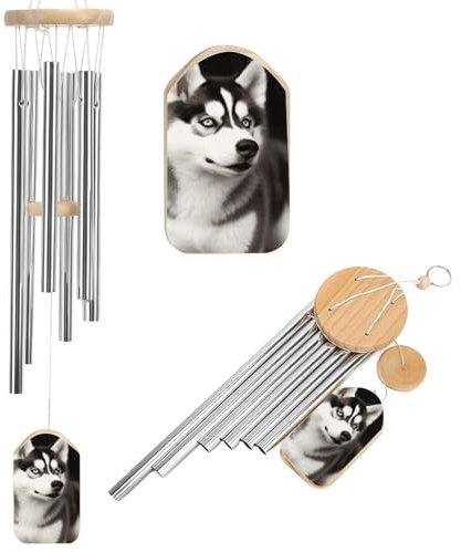 Windspiel mit niedlichem Husky-Hund für draußen, beruhigende melodische Töne, Windspiel, Gedenk-Windspiel mit Windfänger, Hängedekoration für Zuhause, Außenbereich, Garten, Terrasse