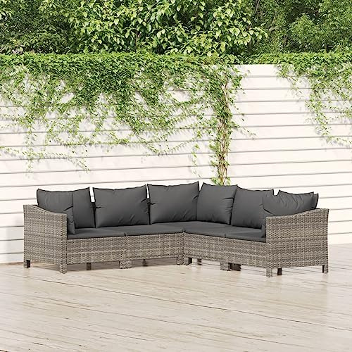 WEMYUFURN 5-TLG. Garten-Lounge-Set mit Kissen Grau Poly Rattan, Outdoor-Sitzgruppe, Terrassen-Lounge-Set, Garten-Couchgarnitur - Wetterbeständig, Komfortabel - für Terrasse, Garten und Balkon