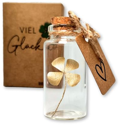 HOLM CRAFT - Portafortuna | Vero quadrifoglio in bottiglia di vetro con tappo di sughero | Piccolo regalo per la felicità | Regali di ringraziamento | Regalo di ringraziamento | portafortuna Capodanno