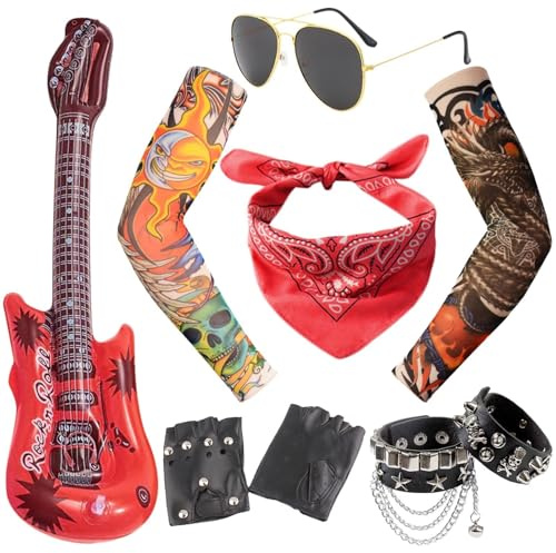 DKDDSSS Hippie Kostüm, 80er Jahre Outfit Herren, Hippie Kostüm Herren, Faschingskostüme, Rocker kostüm Herren, Perücke+Sonnenbrille+ Halskette+Stirnband, für Cosplay, Kostümfeste Usw