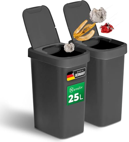 Novaliv 2x Mülleimer 25L mit 2in1 Deckel, Klappdeckel & Schwingdeckel, Anti-Geruch Abfalleimer für Küche Haushalt Büro, Müll Eimer Abfall Trash Kunststoff Abfallbehälter Müllbehälter Tonne