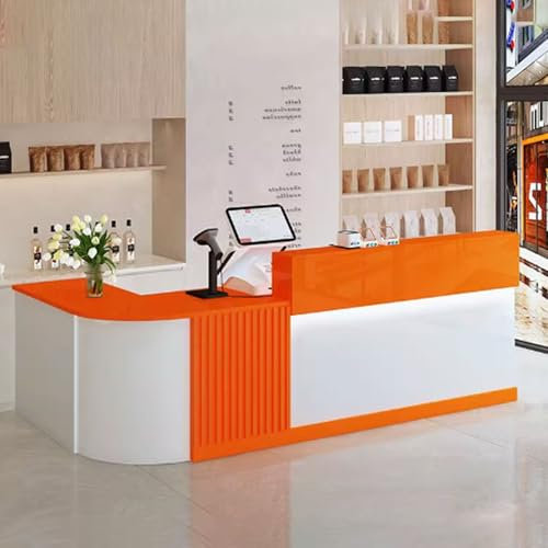 GUQASDV Empfangstheke Rezeption, Empfangstresen für Praxis, Reception Desk Salon, Rezeptionstheke Holzwerkstoff für Lobby und Laden(White+Orange,120cm)