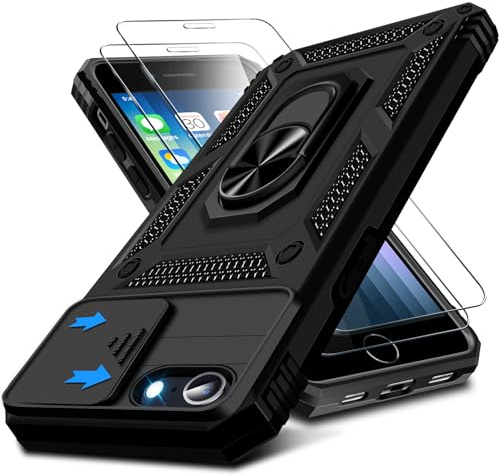Kameraschutz Handyhülle für iPhone SE 2022/2020 für iPhone 8/7 Hülle mit Schutzfolie*2, 360 Grad Magnet Ring Halter Handytasche Case Militär Stoßfest Schutzhülle für iPhone SE/8/7 4,7 Zoll (Schwarz)