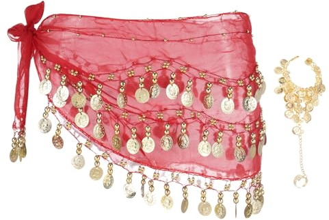Sourcing Map Belly Dance Hip Scarf 55x10, Women's Red Chiffon + Alloy Coins + Sequins Skirt Wrap with 98 Gold Coin & Bracelet for Dance or Yoga Class
