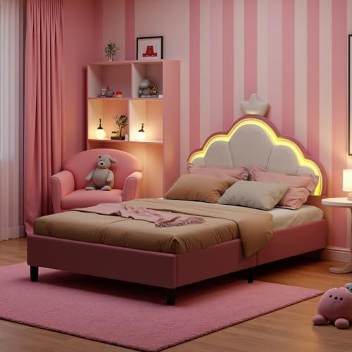 KRYZOR Stoppad säng 90 x 200 med sängbord, barnsäng 90 x 200 med LED-belysning, prinsessmönster, flicksängar med kronbladsäng med kronblad, vadderade enkelsängar (rosa, 90 x 200 cm)