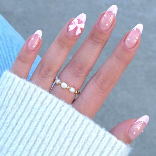 24 Pezzi Rosa Francese Unghie Finte Adesive, Media Mandorla Gel Artificiali Tips Unghie, Acrilico Fake Nails con Fiocchi e Perle Design, Lucide Copertura Totale Press on Nails per Ragazze Donna