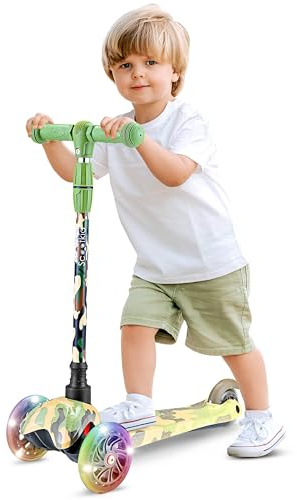 Hurtle Mini Kickboard Scooter for Kids - Height Adjustable 25''-28'', Lightweight 3-Wheel Toddler Skate with LED Light-up Wheels, Anti-Slip,Indoor/Outdoor Fun, Micro Scooter for Ages 2-5 (Camo)