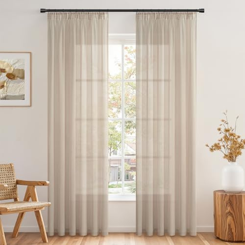 Topfinel 2 Piezas Cortinas Beige Salón con Volantes Cinta para Sistema de Rieles Cortinas de Gasa Semitransparente Cortina Ligera 140An x 235Al cm(AnxAl)