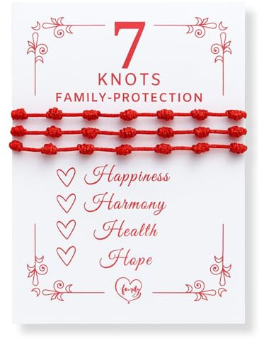 7-Knoten Armband 3 Stück Rot – Schutzarmband für Familie & Freunde | Handgeknüpft • Verstellbar • Unisex • Spiritueller Talisman • Glück, Gesundheit, Liebe, Hoffnung & Harmonie • Geschenkkarte