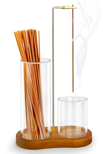 2 in 1 Incense Holder for Sticks, Hang Upside Dowd Incense Burner with Glass Ash Catcher, Anti-Ash Flying and Incense Sticks Storage, for Meditation Yoga Spa Home Decor Office (Wood, Dark Brown)