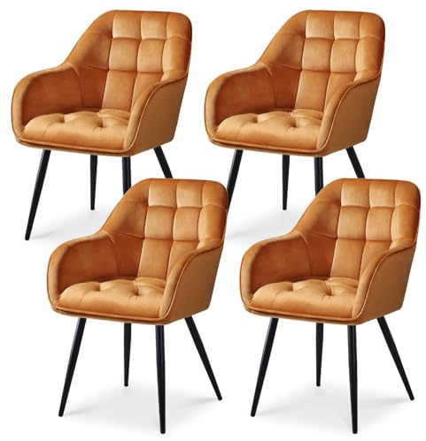 ELUCHANG Juego de 4 Sillas de Comedor con Brazos en Terciopelo Naranja, Acolchado Mullido, Estructura Estable, Ideal para Cocina, Salón o Tocador