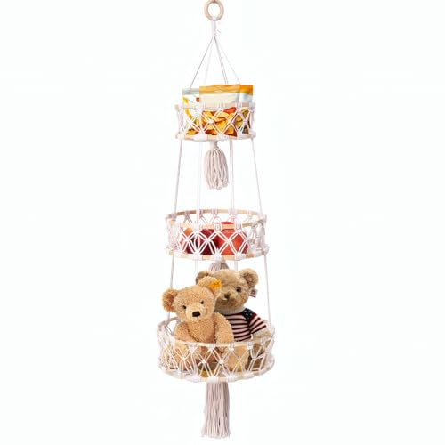 Aromaticaerope Obstkorb Hängend 3 Etagen, Baumwollseil Material, Gesamtlänge 110 cm Hängekorb Küche, Durchmesser 20/25/30 cm, für Küche Wohnzimmer Badezimmer Schlafzimmer (Weiß)