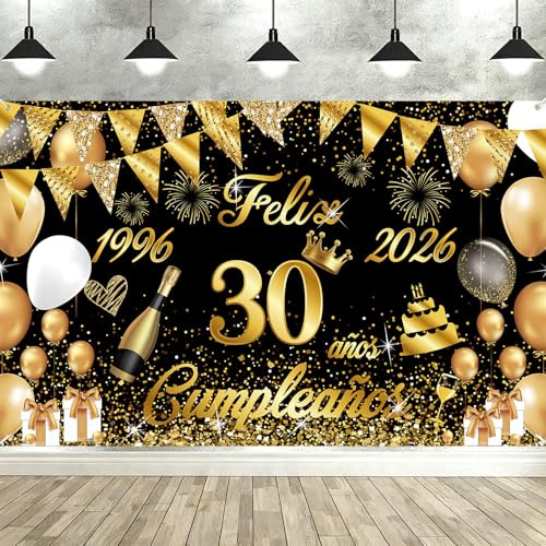 Pancarta Feliz Cumpleaños 30 Anos 1996-2026, Seutgjie Happy Birthday Decoracion para Mujer Hombre para Fiesta Cumpleaños 30 Oro Negro 180 x 110 cm