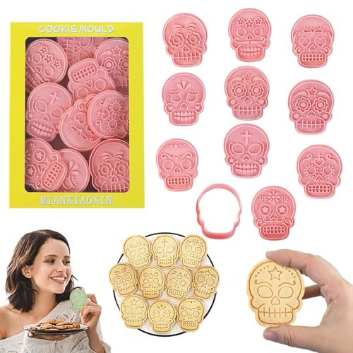 CUVZORA Juego de 10 cortadores de galletas y sellos de Halloween, de plástico, cortadores de galletas para calavera, moldes para galletas, los mejores accesorios para hornear