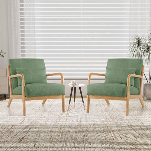 XH.Easy Go 2er-Set Accent Sessel mit Kissen, Moderner Polstersessel für Wohnzimmer, Lounge-Stuhl mit Armlehnen&Holzrahmen, bequemer Lesesessel, Stoff Grün