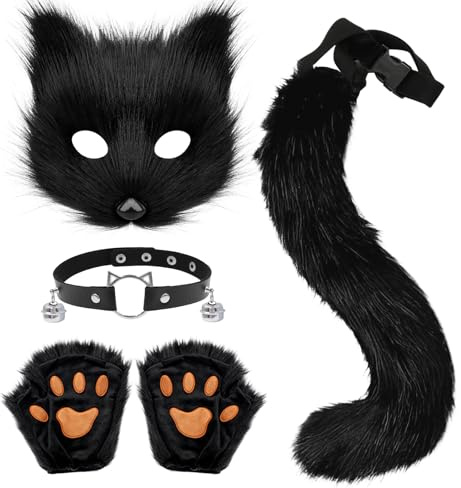 Xerteam Kunstpelz Fuchs Kostüm, Fuchs Cosplay Kostüm Set Plüsch Fuchsschwanz Fuchs Maske Glocken Halskette Fuchshandschuhe, Geeignet für Halloween Karnevals Cosplay Partys