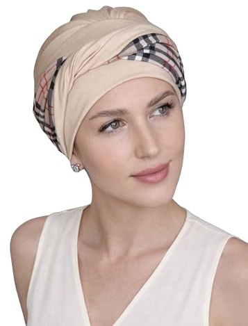 Deresina Aura Bambus-Turban – Chemo Kopfbedeckung für Frauen bei Haarausfall & Alopezie, Verstellbares Stirnband-Design, Einheitsgröße (Beige Heritage - One Size)