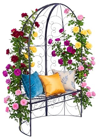 Relaxdays Gartenbank mit Rankpavillon, Laubenbank bis 240 kg, HBT 178 x 120 x 58 cm, Garten Rosenbogen mit Bank, schwarz