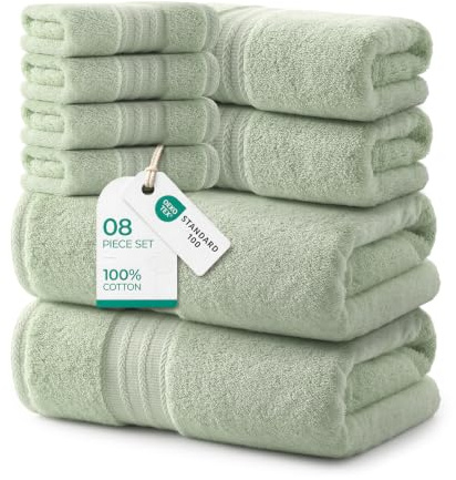REDKISS 8 teilig Handtuch Set aus Baumwolle mit Aufhänger,weich & saugstark | OEKO-TEX zertifiziert, 540GSM, mit 2 Badetuch+2 Handtücher + 4 Waschlappen, ideal für Bad & Sauna-Grünes