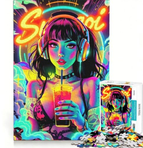 Puzzle de 1000 pièces pour Adultes Fille néon avec Boisson et Casque Audio Jeu de Construction pour s'amuser en Famille renforcer Les Liens Amoureux 38x52cm