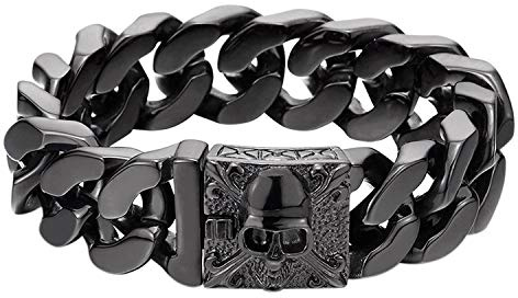 JewelryWe Schmuck Großes Edelstahl Panzerkette Armband Herren mit Fleur de Lis und Schädel, Biker Gotik, Poliert, Silber/Schwarz/Gold