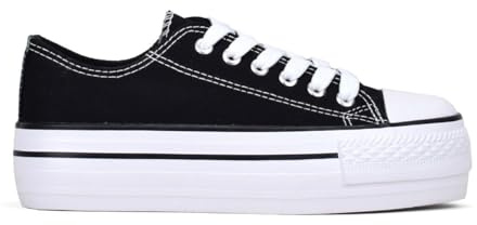 BOSANOVA Zapatillas Sneakers confeccionadas en Material de Canvas con Detalle de Finas lineas a Contraste en la Suela. Cierre con Cordones. Calzado para Mujer Negro 38