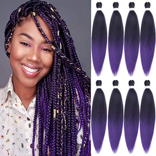 Leeven 8 Packs EZ Braids Hair Ombre Purple Hair Extensions Pre Stretched Braiding Hair 26 Pouces Yaki Texture Synthetic Kanekalon Fiber Crochet Braiding Hair Extension / 1BPU#